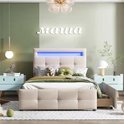 Okwish Lit enfant 90x200 cm - avec 2 Tiroirs et Éclairage LED, Lit Confortable en Lin Beige, Rangement Sous Le Lit, Sans Matelas Discount