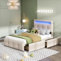 Okwish Lit enfant 90x200 cm - avec 2 Tiroirs et Éclairage LED, Lit Confortable en Lin Beige, Rangement Sous Le Lit, Sans Matelas Discount