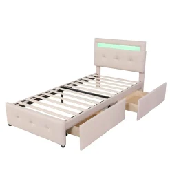 Okwish Lit enfant 90x200 cm - avec 2 Tiroirs et Éclairage LED, Lit Confortable en Lin Beige, Rangement Sous Le Lit, Sans Matelas Discount