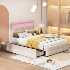 Okwish Lit enfant 90x200 cm - avec 2 Tiroirs et Éclairage LED, Lit Confortable en Lin Beige, Rangement Sous Le Lit, Sans Matelas Discount