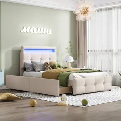 Okwish Lit enfant 90x200 cm - avec 2 Tiroirs et Éclairage LED, Lit Confortable en Lin Beige, Rangement Sous Le Lit, Sans Matelas Discount