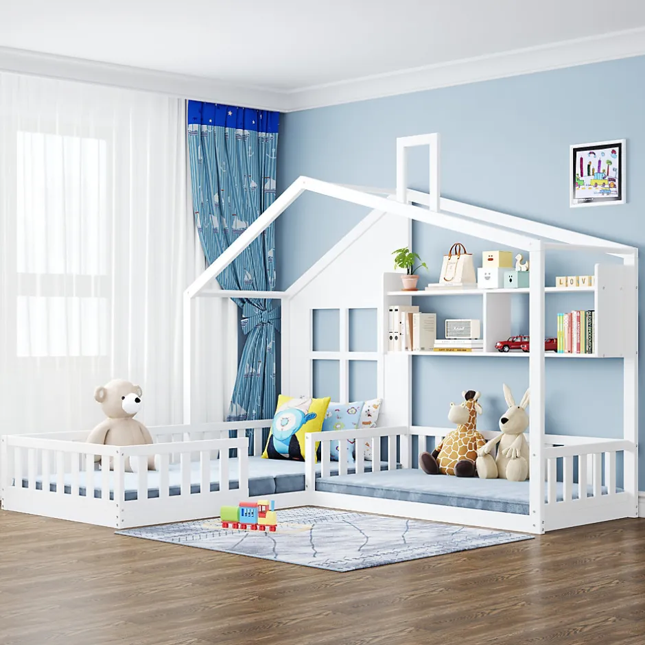 Enfant Okwish Lit enfant 90x200 cm - Cabane avec Fenêtre et Coffre de Rangement, MDF/Bois, Blanc - Sans Matelas