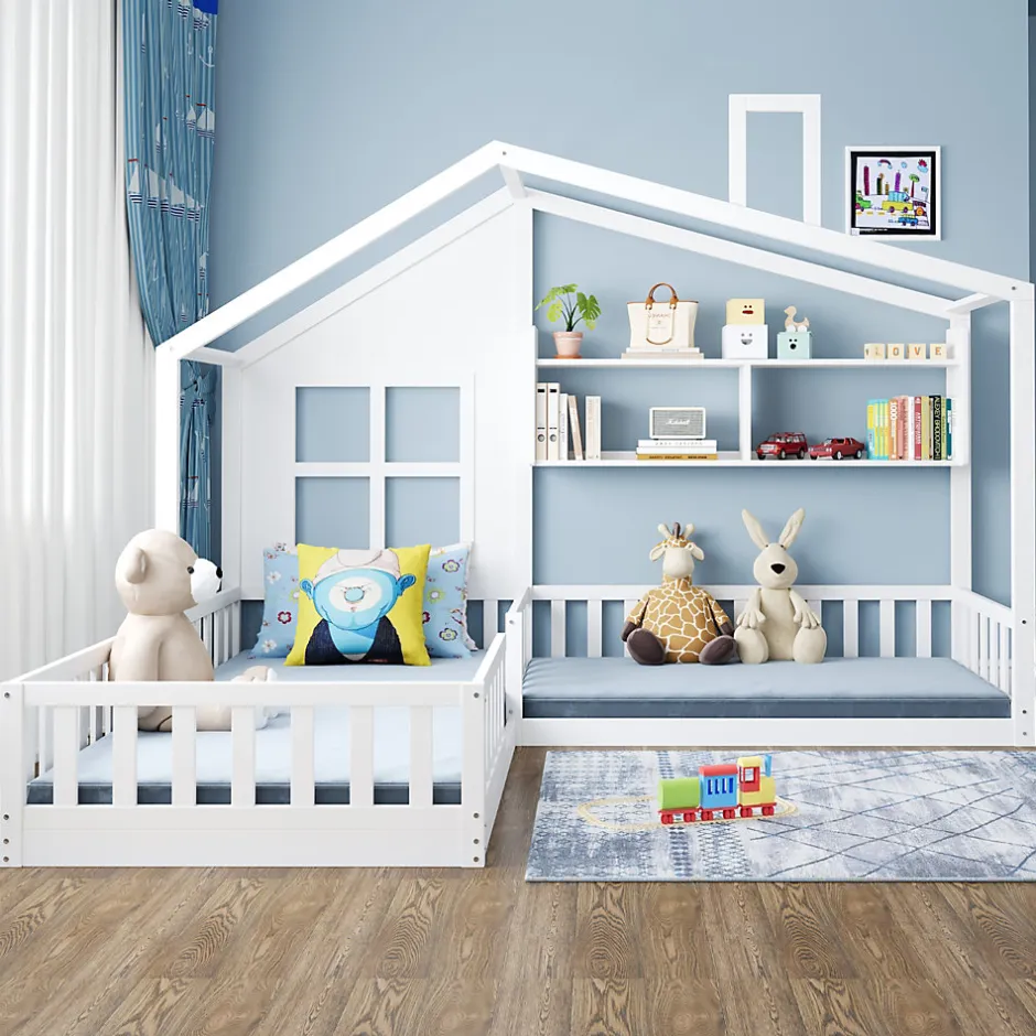 Enfant Okwish Lit enfant 90x200 cm - Cabane avec Fenêtre et Coffre de Rangement, MDF/Bois, Blanc - Sans Matelas