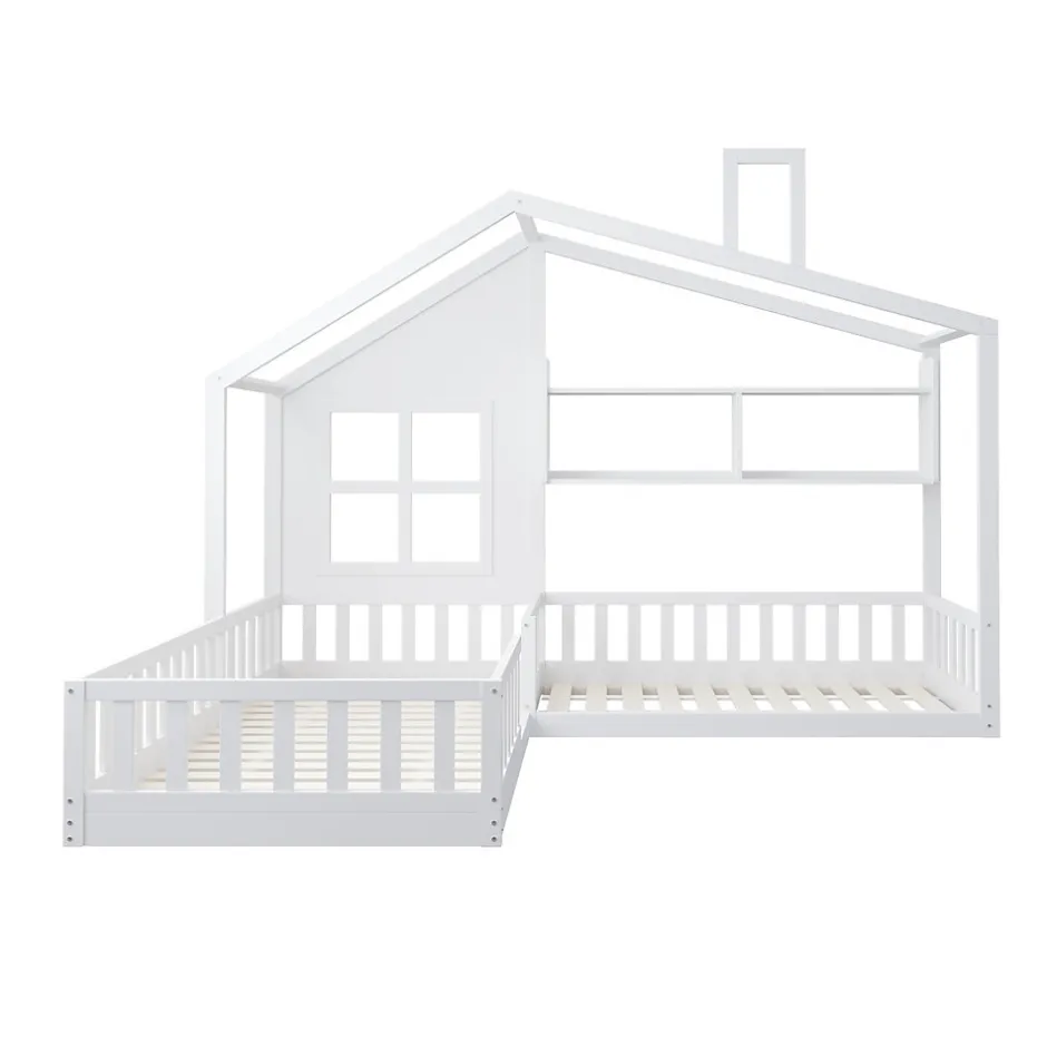 Enfant Okwish Lit enfant 90x200 cm - Cabane avec Fenêtre et Coffre de Rangement, MDF/Bois, Blanc - Sans Matelas