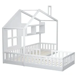 Enfant Okwish Lit enfant 90x200 cm - Cabane avec Fenêtre et Coffre de Rangement, MDF/Bois, Blanc - Sans Matelas