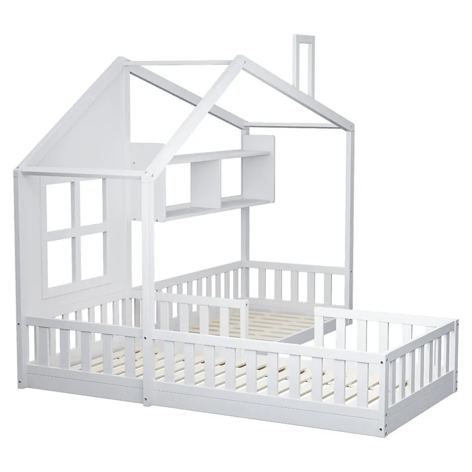 Enfant Okwish Lit enfant 90x200 cm - Cabane avec Fenêtre et Coffre de Rangement, MDF/Bois, Blanc - Sans Matelas