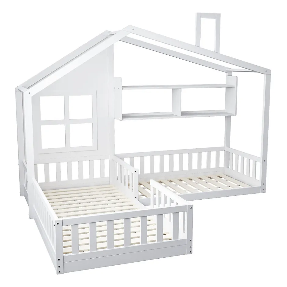 Enfant Okwish Lit enfant 90x200 cm - Cabane avec Fenêtre et Coffre de Rangement, MDF/Bois, Blanc - Sans Matelas