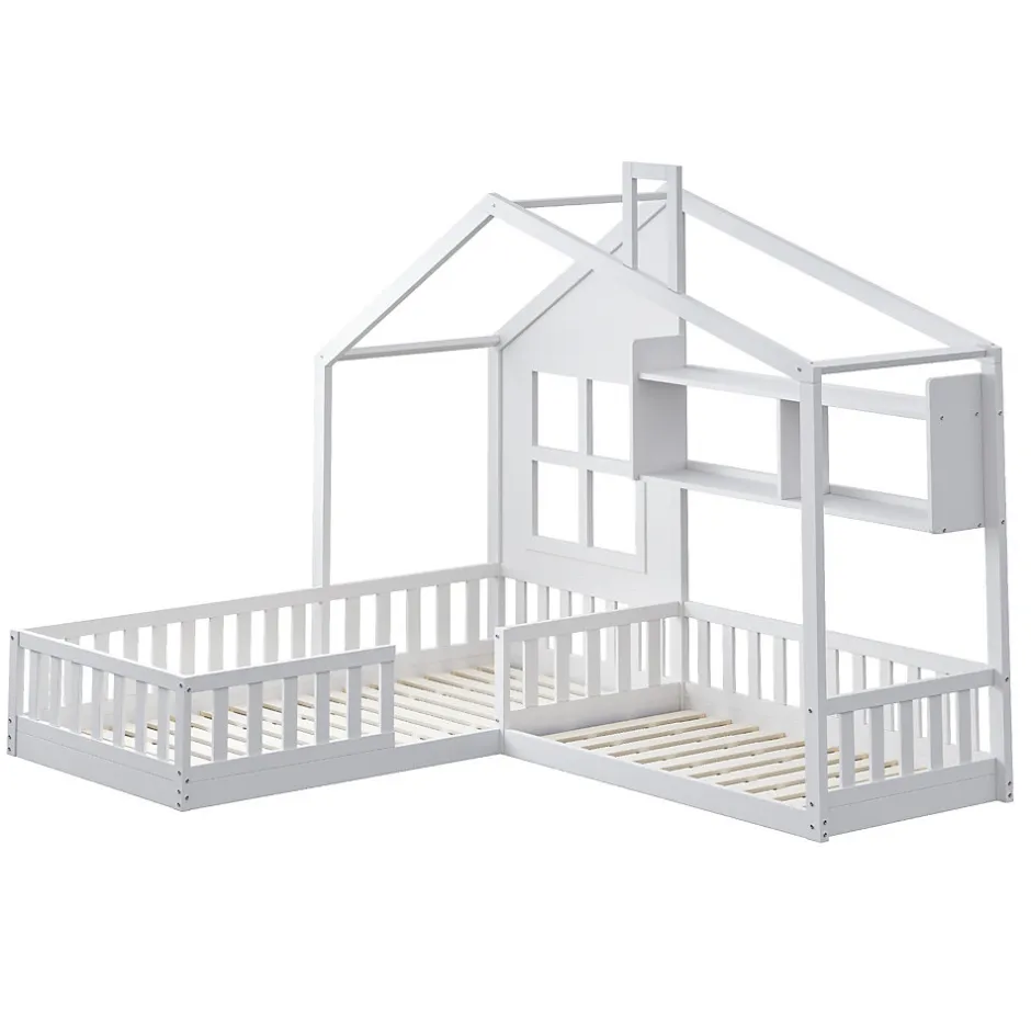 Enfant Okwish Lit enfant 90x200 cm - Cabane avec Fenêtre et Coffre de Rangement, MDF/Bois, Blanc - Sans Matelas