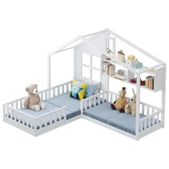 Enfant Okwish Lit enfant 90x200 cm - Cabane avec Fenêtre et Coffre de Rangement, MDF/Bois, Blanc - Sans Matelas