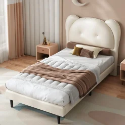 Enfant Okwish Lit enfant 90x200 cm - Lit avec Tête de Lit en Forme d'Animal - PU - Sans Matelas - Beige