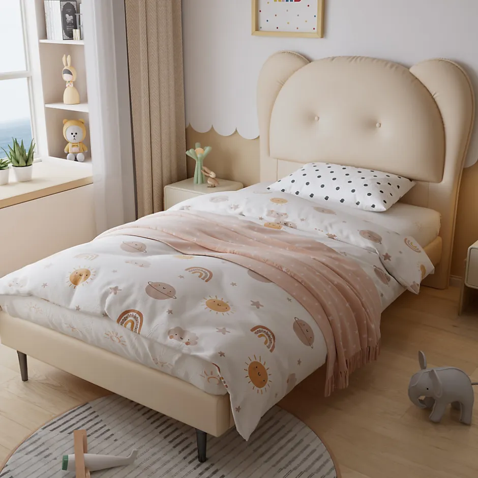 Enfant Okwish Lit enfant 90x200 cm - Lit avec Tête de Lit en Forme d'Animal - PU - Sans Matelas - Beige