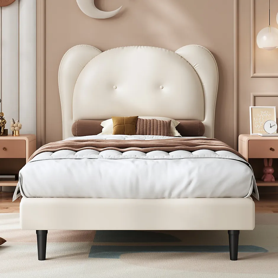 Enfant Okwish Lit enfant 90x200 cm - Lit avec Tête de Lit en Forme d'Animal - PU - Sans Matelas - Beige