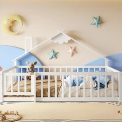 Enfant Okwish Lit enfant 140x190 cm - Lit avec barrières et design maison - Bois de pin et MDF - Sans matelas - Blanc