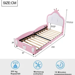 Okwish Lit enfant 90x200 cm - Lit avec Tête de Lit Couronne, design Bicolore, en Simili Cuir, Sans Matelas, Rose Online