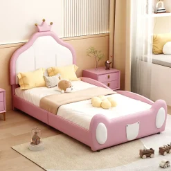 Okwish Lit enfant 90x200 cm - Lit avec Tête de Lit Couronne, design Bicolore, en Simili Cuir, Sans Matelas, Rose Online
