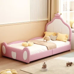 Okwish Lit enfant 90x200 cm - Lit avec Tête de Lit Couronne, design Bicolore, en Simili Cuir, Sans Matelas, Rose Online
