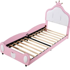 Okwish Lit enfant 90x200 cm - Lit avec Tête de Lit Couronne, design Bicolore, en Simili Cuir, Sans Matelas, Rose Online