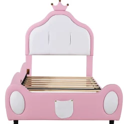 Okwish Lit enfant 90x200 cm - Lit avec Tête de Lit Couronne, design Bicolore, en Simili Cuir, Sans Matelas, Rose Online