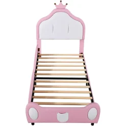 Okwish Lit enfant 90x200 cm - Lit avec Tête de Lit Couronne, design Bicolore, en Simili Cuir, Sans Matelas, Rose Online
