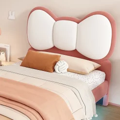 Okwish Lit enfant 90x200 cm - Lit avec Tête de Lit en Ailes et LED - Velours - Sans matelas - Rose Hot