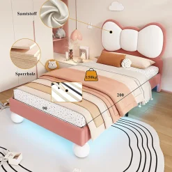 Okwish Lit enfant 90x200 cm - Lit avec Tête de Lit en Ailes et LED - Velours - Sans matelas - Rose Hot