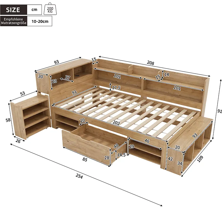 Okwish Lit Enfant 90x200 cm - Lit avec Rangement Multifonction, Tiroirs et Étagères, Lit Simple en Bois Nature - Sans Matelas Hot