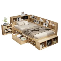Okwish Lit Enfant 90x200 cm - Lit avec Rangement Multifonction, Tiroirs et Étagères, Lit Simple en Bois Nature - Sans Matelas Hot