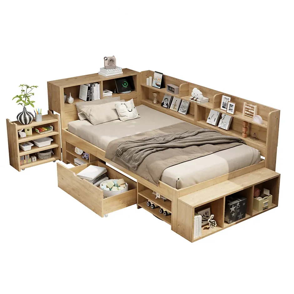 Okwish Lit Enfant 90x200 cm - Lit avec Rangement Multifonction, Tiroirs et Étagères, Lit Simple en Bois Nature - Sans Matelas Hot