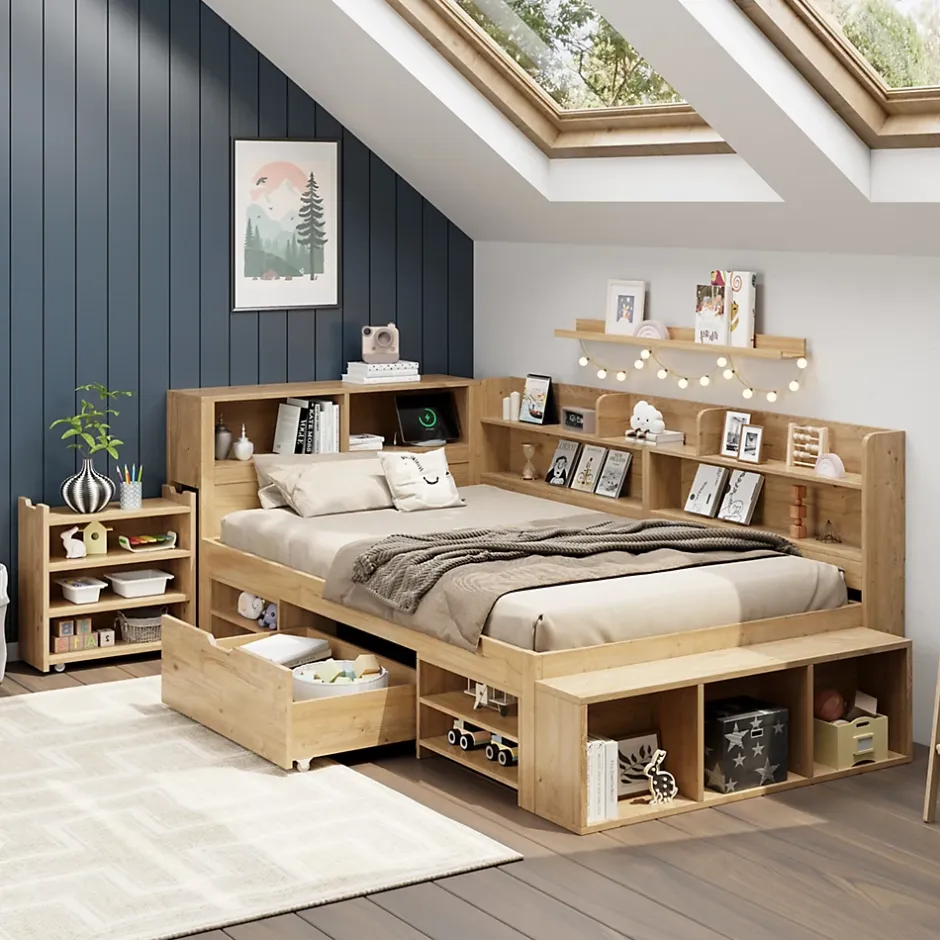 Okwish Lit Enfant 90x200 cm - Lit avec Rangement Multifonction, Tiroirs et Étagères, Lit Simple en Bois Nature - Sans Matelas Hot