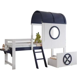 Okwish Lit enfant 90x200 cm - Lit Cabane avec Rangement et design Marin - Pin et MDF - Sans Matelas - Blanc + Bleu foncé Discount