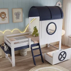 Okwish Lit enfant 90x200 cm - Lit Cabane avec Rangement et design Marin - Pin et MDF - Sans Matelas - Blanc + Bleu foncé Discount