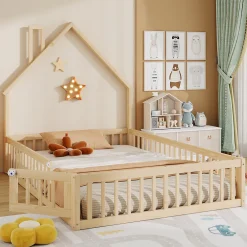 Okwish Lit Enfant 140x190 cm - Lit Cabane Design Maison avec Cheminée Décorative et Sommier Inclus, Bois et MDF, Naturel, sans Matelas