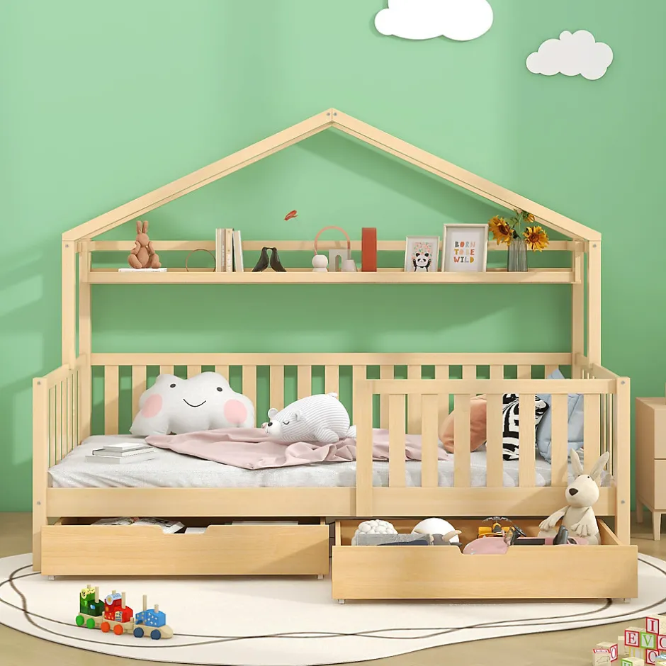 Enfant Okwish Lit enfant 90x200 cm - Lit Cabane avec 2 Tiroirs de Rangement, Sommier en Bois Inclus, Sans Matelas - Naturel
