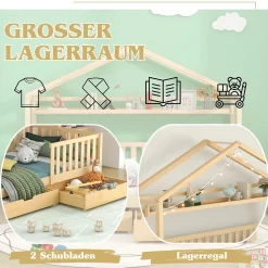 Enfant Okwish Lit enfant 90x200 cm - Lit Cabane avec 2 Tiroirs de Rangement, Sommier en Bois Inclus, Sans Matelas - Naturel