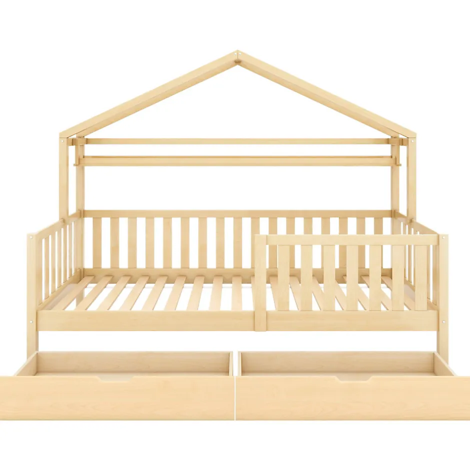 Enfant Okwish Lit enfant 90x200 cm - Lit Cabane avec 2 Tiroirs de Rangement, Sommier en Bois Inclus, Sans Matelas - Naturel
