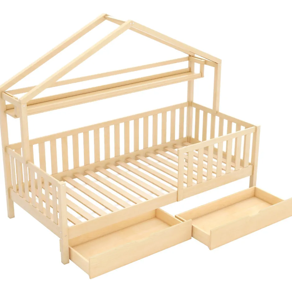 Enfant Okwish Lit enfant 90x200 cm - Lit Cabane avec 2 Tiroirs de Rangement, Sommier en Bois Inclus, Sans Matelas - Naturel