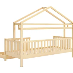 Enfant Okwish Lit enfant 90x200 cm - Lit Cabane avec 2 Tiroirs de Rangement, Sommier en Bois Inclus, Sans Matelas - Naturel
