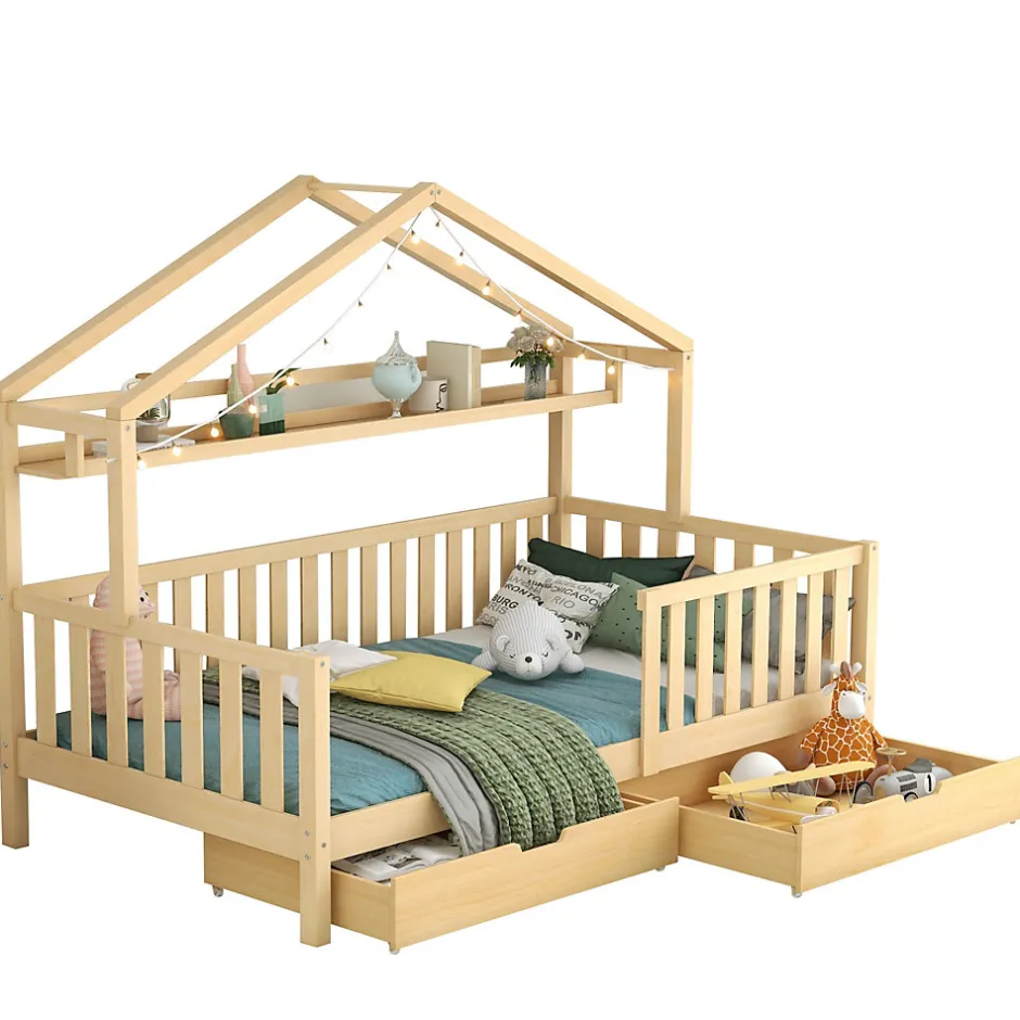 Enfant Okwish Lit enfant 90x200 cm - Lit Cabane avec 2 Tiroirs de Rangement, Sommier en Bois Inclus, Sans Matelas - Naturel