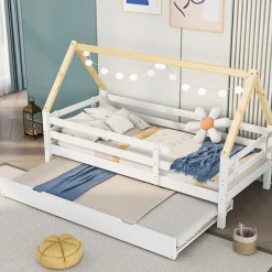 Enfant Okwish Lit Enfant 90x200 cm - Lit Cabane avec Lit Gigogne à Roulettes - Bois Massif Naturel - Sans Matelas