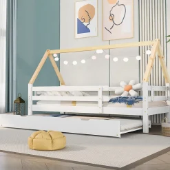 Enfant Okwish Lit Enfant 90x200 cm - Lit Cabane avec Lit Gigogne à Roulettes - Bois Massif Naturel - Sans Matelas