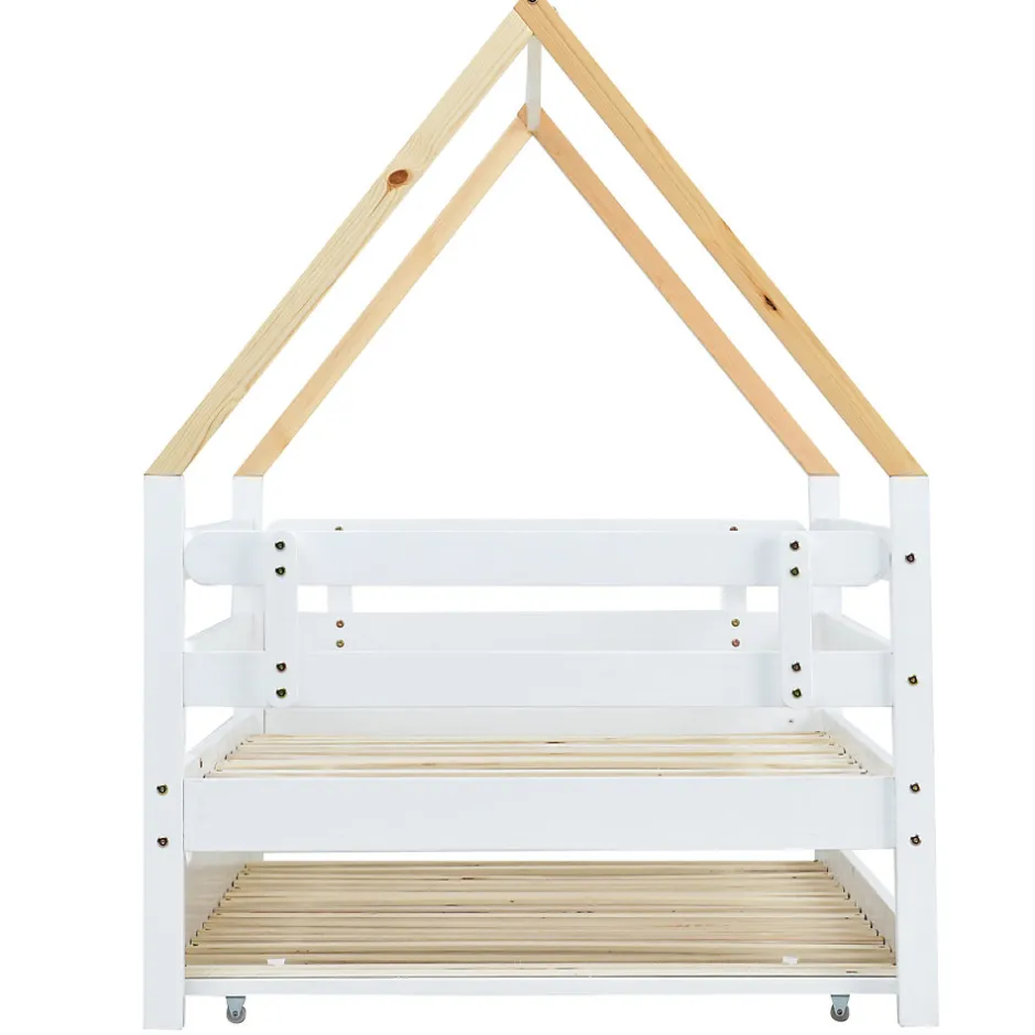 Enfant Okwish Lit Enfant 90x200 cm - Lit Cabane avec Lit Gigogne à Roulettes - Bois Massif Naturel - Sans Matelas