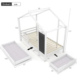 Okwish Lit enfant 90x200 cm - Lit Cabane avec Tableau et 2 Tiroirs, Rangement Pratique, Bois Massif et MDF, Sans Matelas - Blanc Outlet