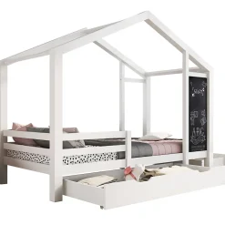 Okwish Lit enfant 90x200 cm - Lit Cabane avec Tableau et 2 Tiroirs, Rangement Pratique, Bois Massif et MDF, Sans Matelas - Blanc Outlet