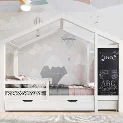 Okwish Lit enfant 90x200 cm - Lit Cabane avec Tableau et 2 Tiroirs, Rangement Pratique, Bois Massif et MDF, Sans Matelas - Blanc Outlet