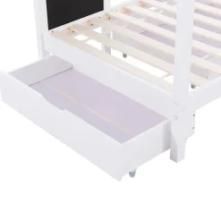 Okwish Lit enfant 90x200 cm - Lit Cabane avec Tableau et 2 Tiroirs, Rangement Pratique, Bois Massif et MDF, Sans Matelas - Blanc Outlet