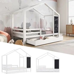 Okwish Lit enfant 90x200 cm - Lit Cabane avec Tableau et 2 Tiroirs, Rangement Pratique, Bois Massif et MDF, Sans Matelas - Blanc Outlet