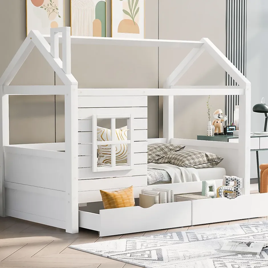 Generique Lit enfant 90x200 cm - Lit Cabane avec Barrières et Fenêtre, Bois Massif - Sommier À Lattes - Sans Matelas - Blanc Online