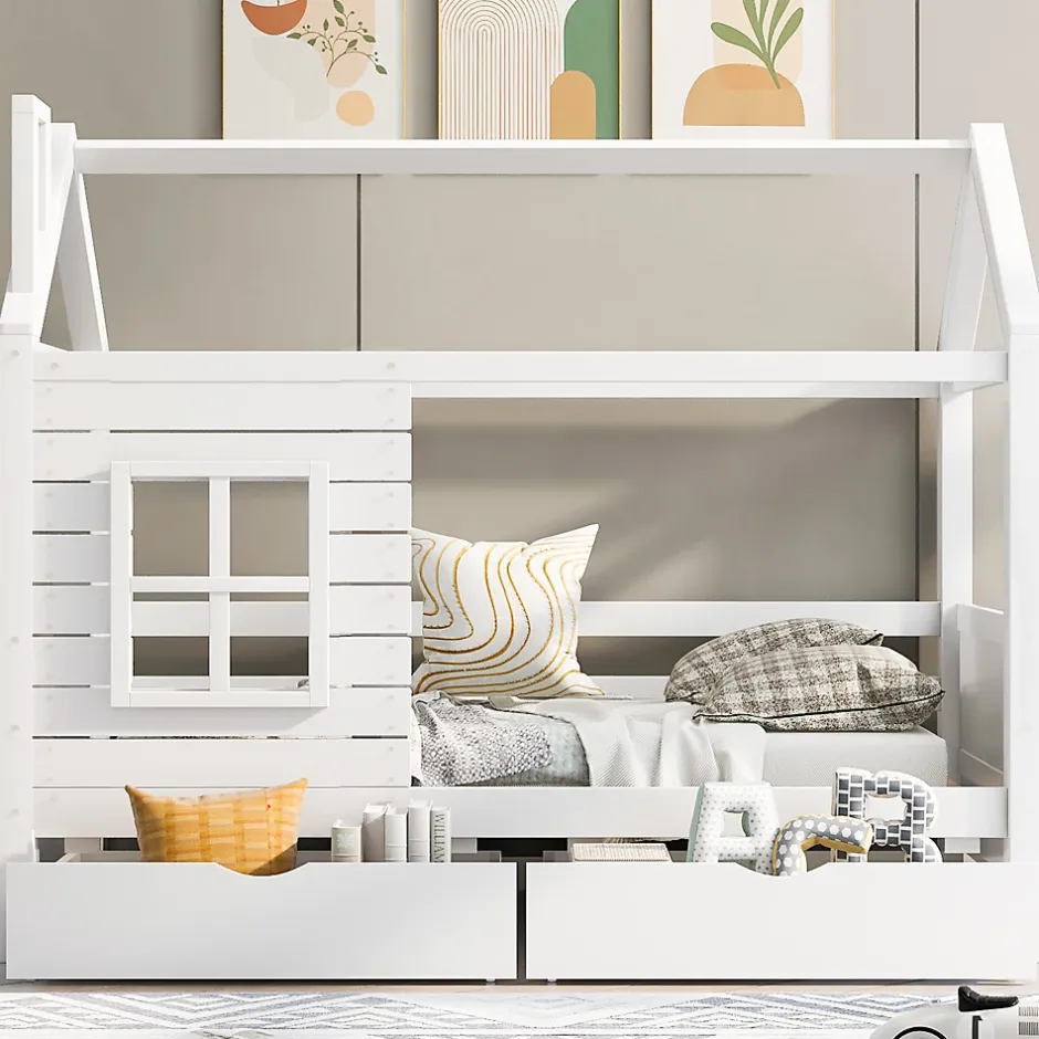 Generique Lit enfant 90x200 cm - Lit Cabane avec Barrières et Fenêtre, Bois Massif - Sommier À Lattes - Sans Matelas - Blanc Online