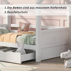 Generique Lit enfant 90x200 cm - Lit Cabane avec Barrières et Fenêtre, Bois Massif - Sommier À Lattes - Sans Matelas - Blanc Online