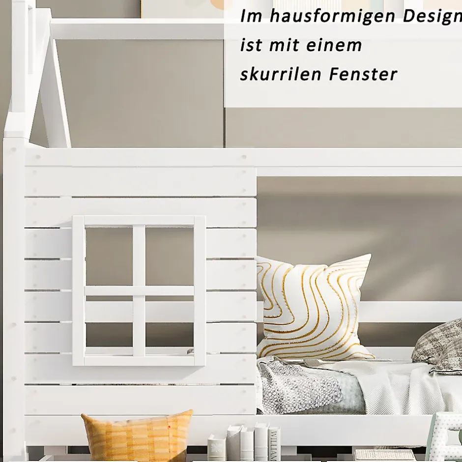 Generique Lit enfant 90x200 cm - Lit Cabane avec Barrières et Fenêtre, Bois Massif - Sommier À Lattes - Sans Matelas - Blanc Online